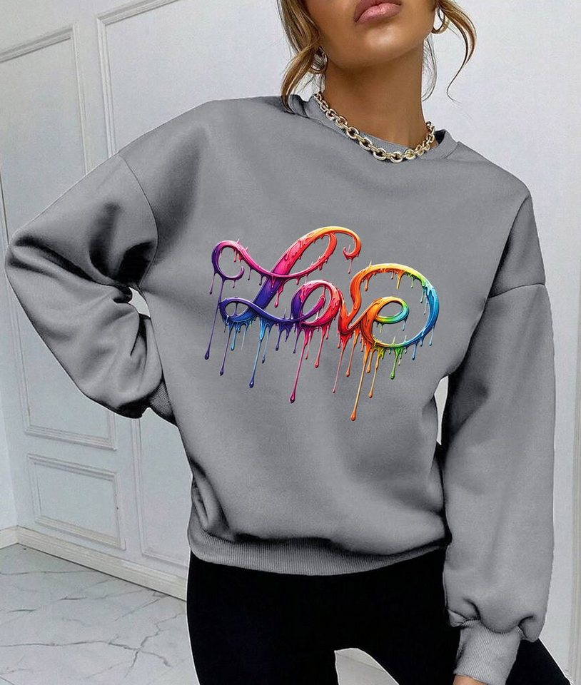 RMK Rundhalspullover Damen Pulli Pullover Hoodie Longsleeve Oversize Loose Fit Liebe mit "Love" Print, Rundhals Ausschnitt