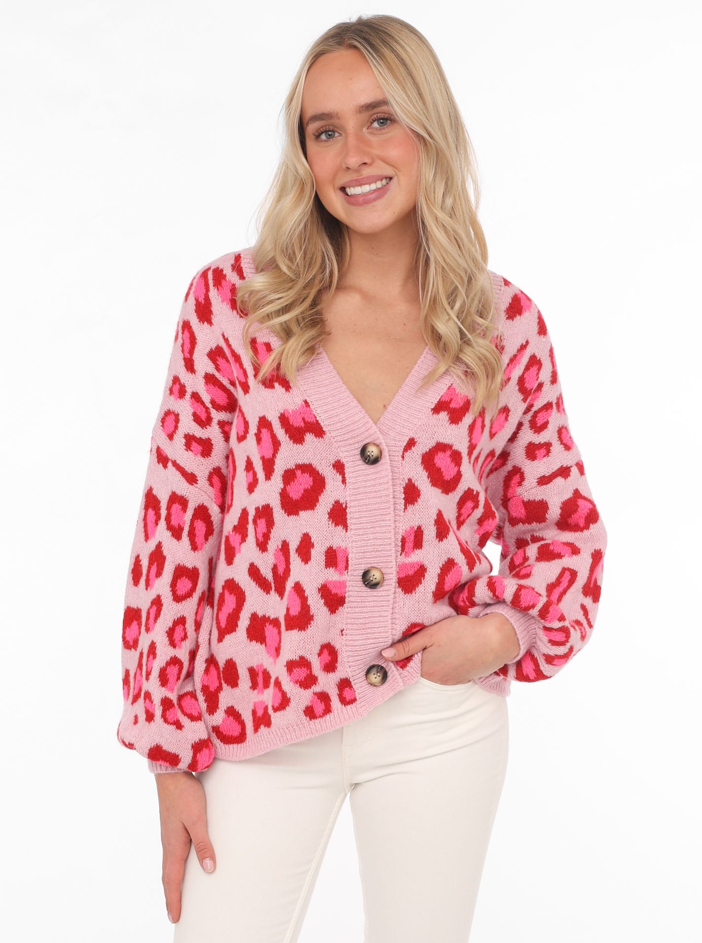 Zwillingsherz Strickjacke ""Big Leo"" One Size, Animal-Muster, Langarm, Knöpfe, tiefer V-Ausschnitt