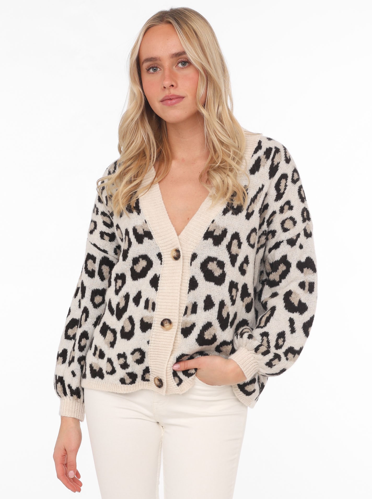 Zwillingsherz Strickjacke ""Big Leo"" One Size, Animal-Muster, Langarm, Knöpfe, tiefer V-Ausschnitt