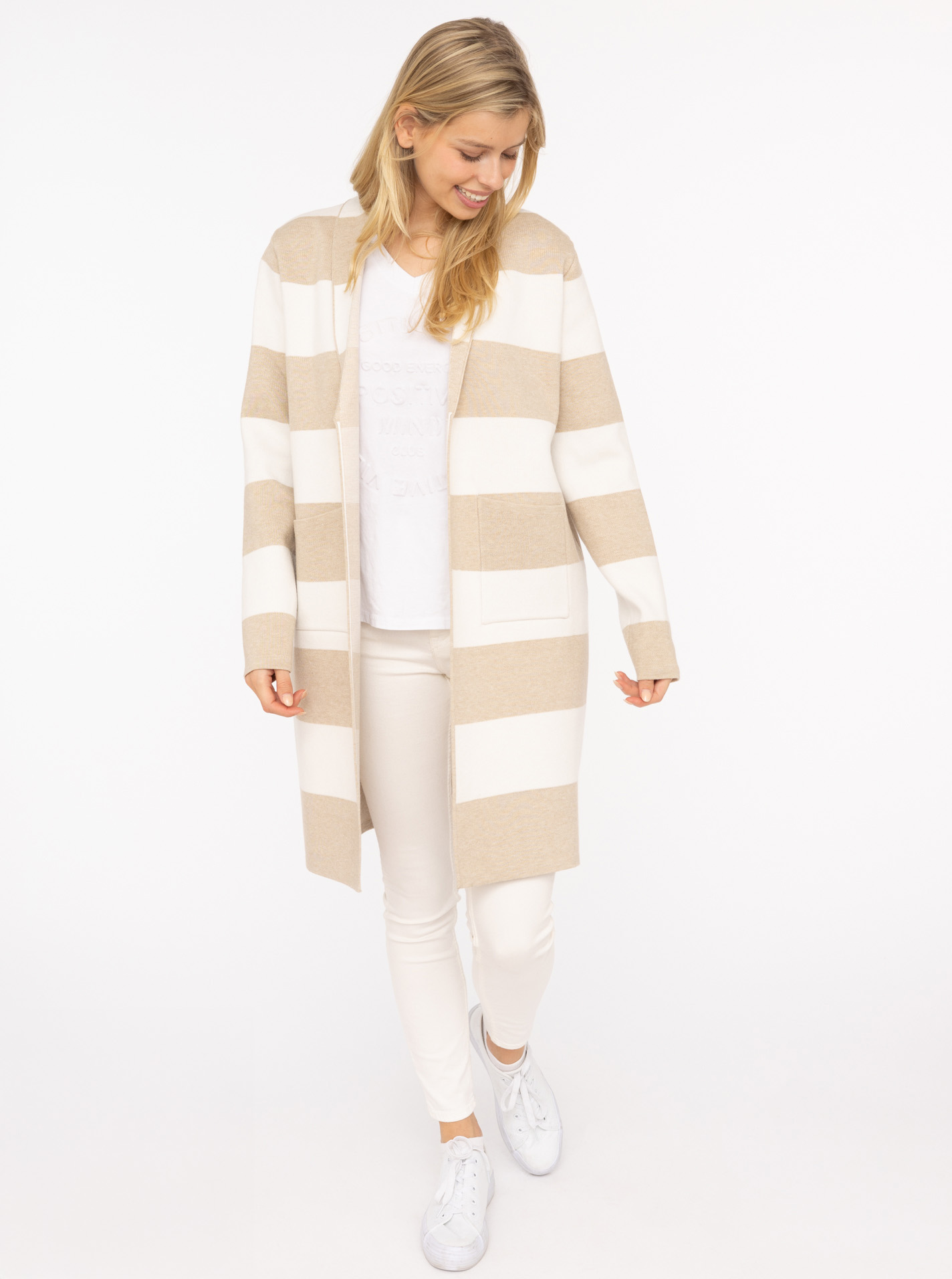 Zwillingsherz Strickjacke ""Streifen & Schalkragen"" Schalkragen, Langarm, Taschen, knielang, Bockstreifen