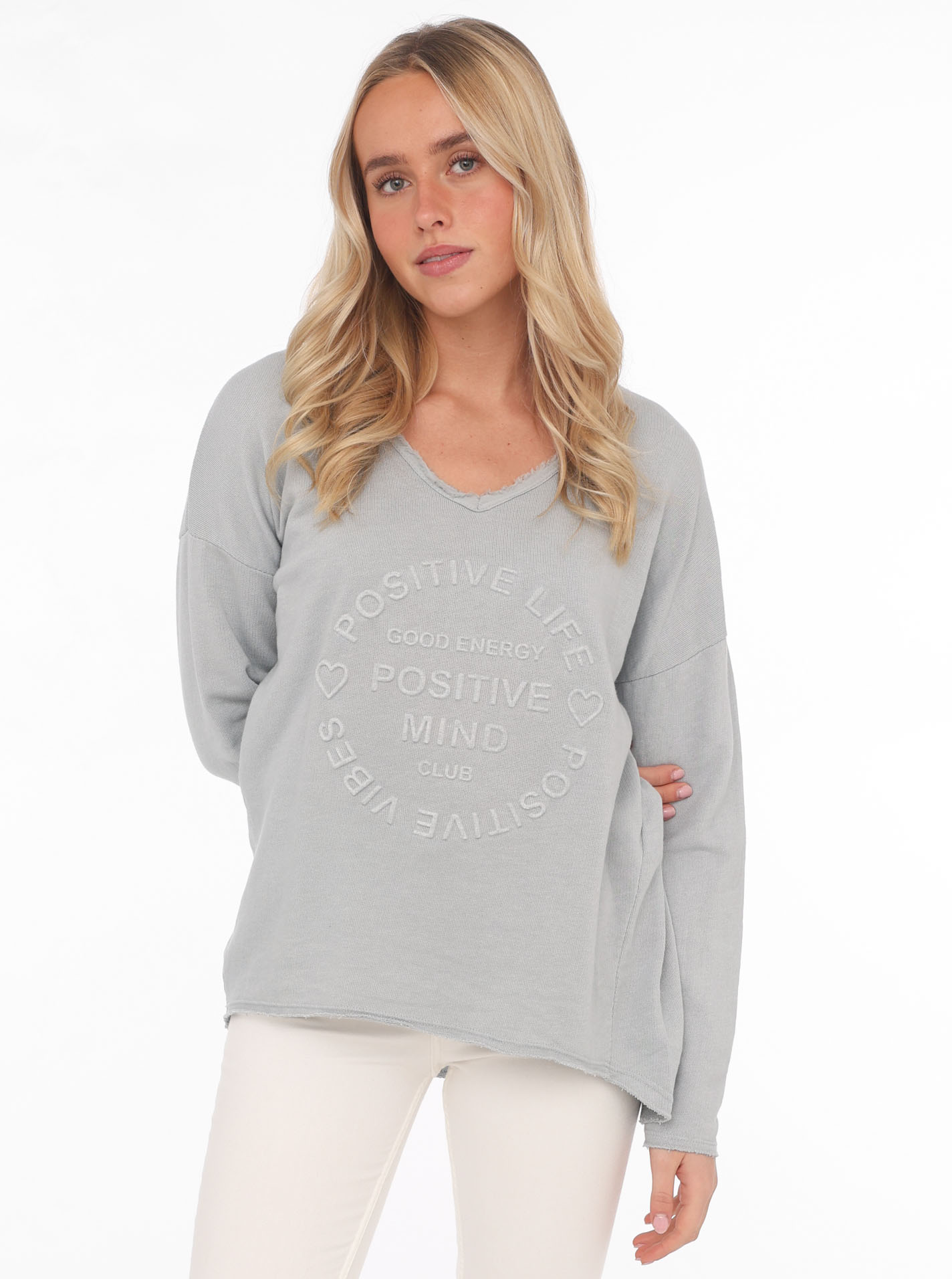 Zwillingsherz Sweatshirt ""Positive Mind"", ausgefranster V-Ausschnitt, Used Look, Langarm, Schriftzug