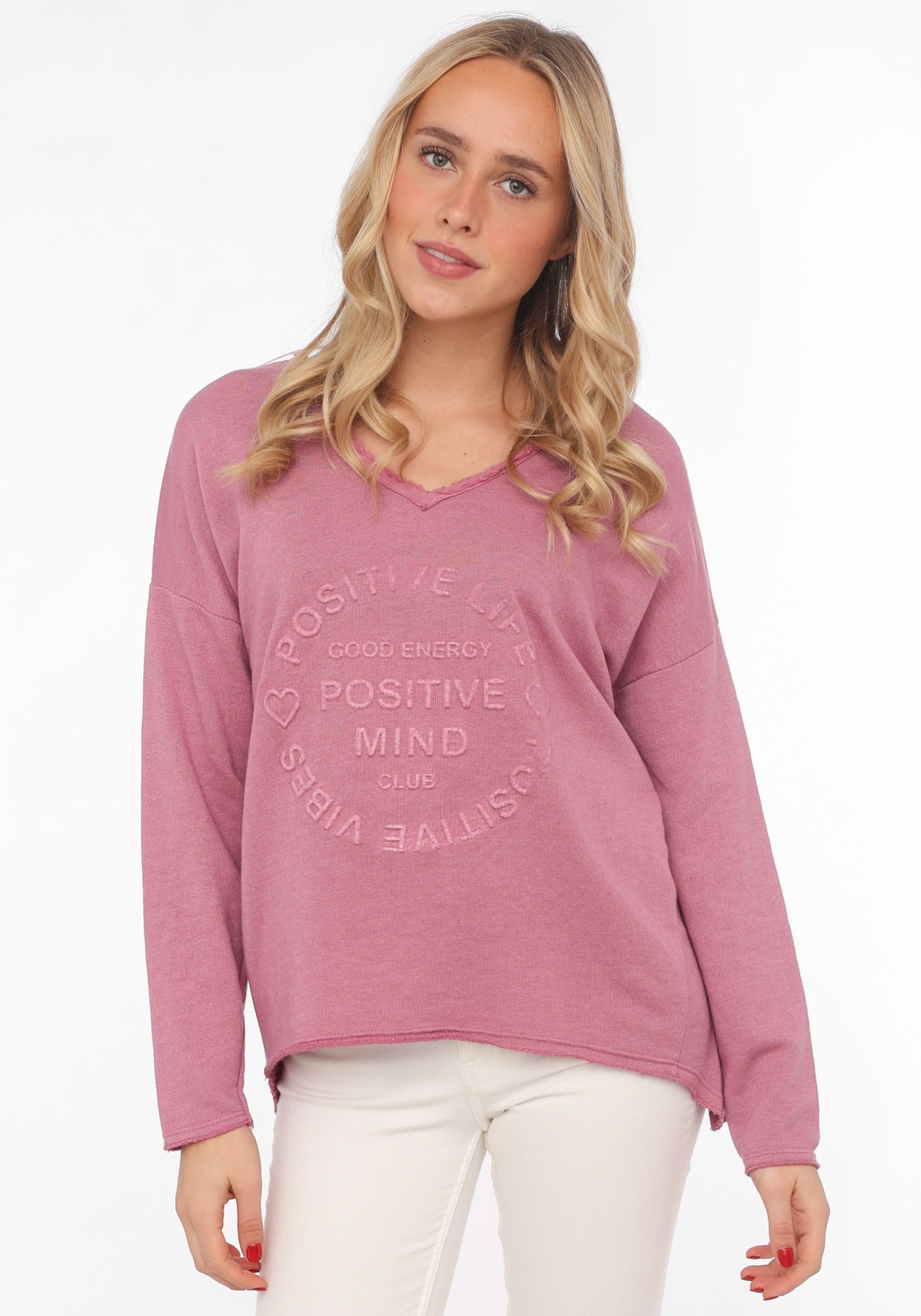 Zwillingsherz Sweatshirt ""Positive Mind"", ausgefranster V-Ausschnitt, Used Look, Langarm, Schriftzug