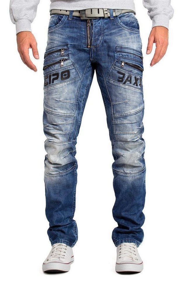 Cipo & Baxx Regular-fit-Jeans Herren Regular Fit Hose Stonewashed BA-CD491 (1-tlg) mit Kontrastnähten in Orange/Weiß