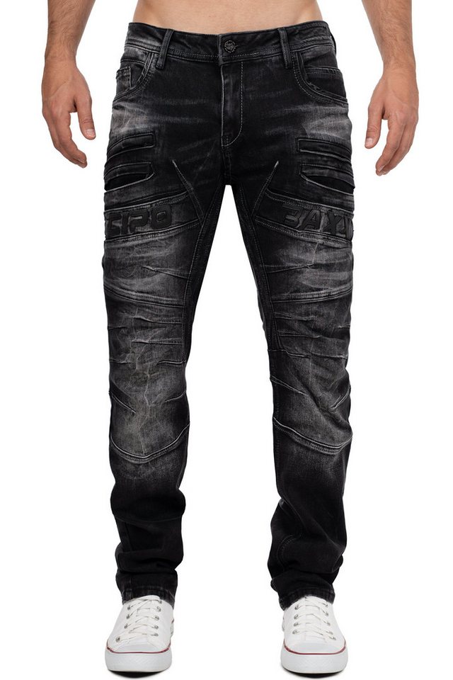 Cipo & Baxx Regular-fit-Jeans Herren Regular Fit Hose Stonewashed BA-CD491 (1-tlg) mit Kontrastnähten in Orange/Weiß