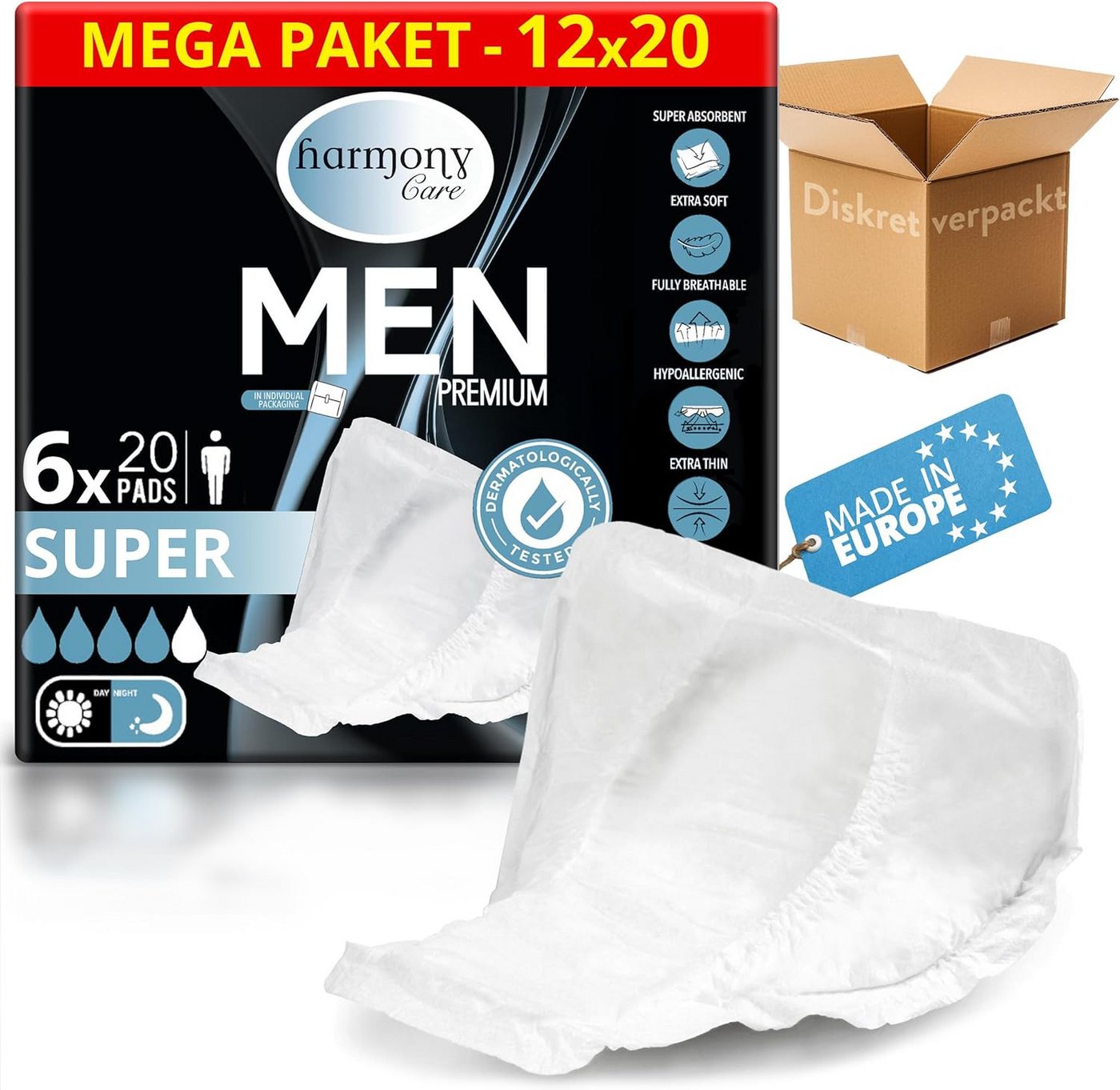 Harmony Care Inkontinenz-Einlage für Männer - Einlagen bei Inkontinenz für Herren, Saugkraft bis zu 470 ml, 240-St., bei leichter bis mittlerer Blasenschwäche Harninkontinenz