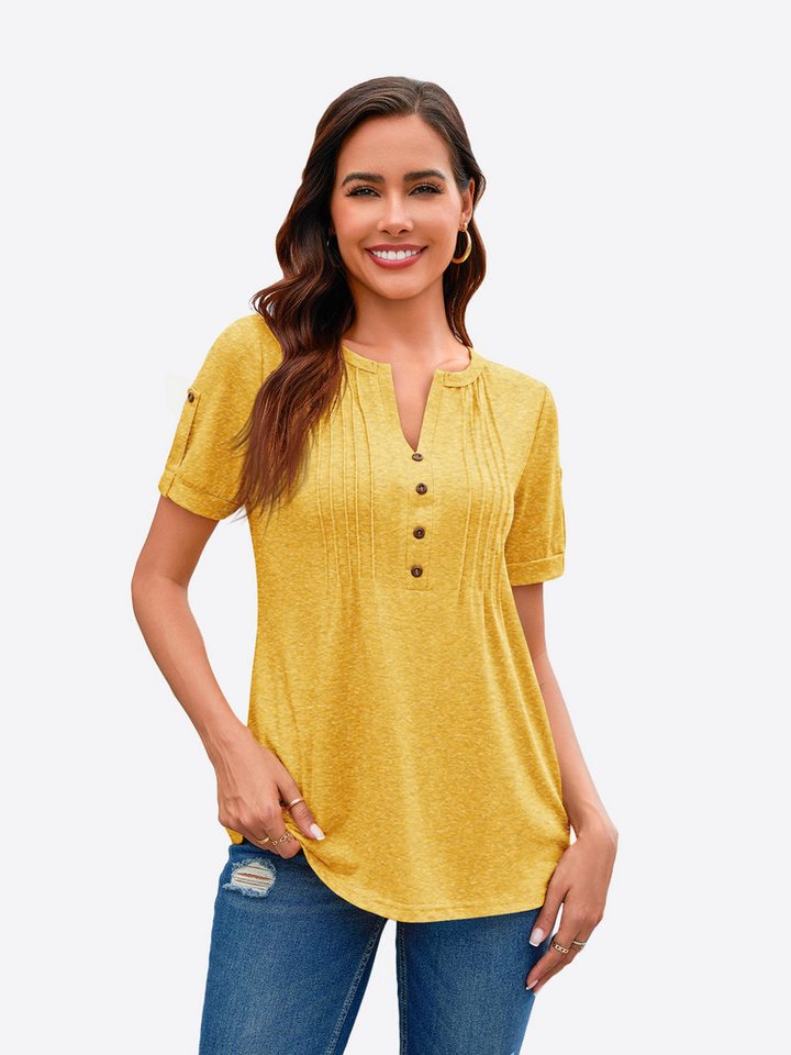 Imily Bela Tunika Damen mit V-Ausschnitt Knöpfen A-förmigem Saum (Packung, 1-tlg., 1per-Pack) einfarbig mit Knopfleiste Falten