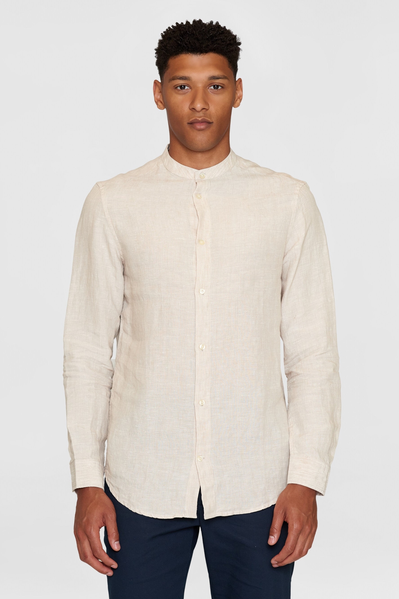 KnowledgeCotton Apparel Herren vegan Hemd Custom Stehkragen Light Feather Gray