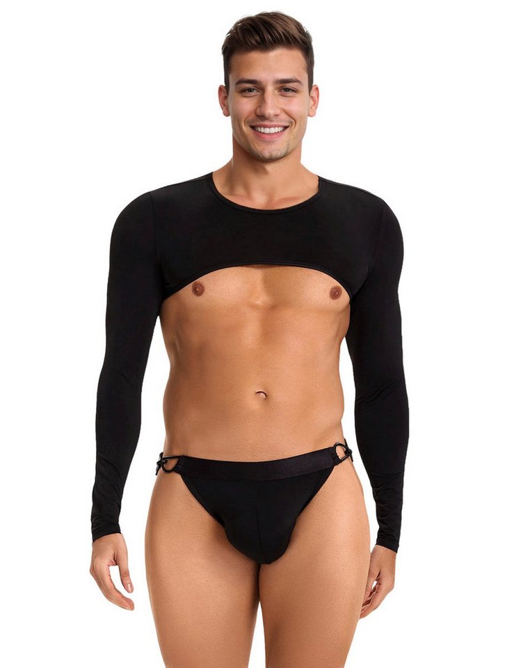 Lau-Fashion Boxershorts Herren Crop Top Langarm mit Jockstrap - Schwarzes Unterwäsche-Set (Set)