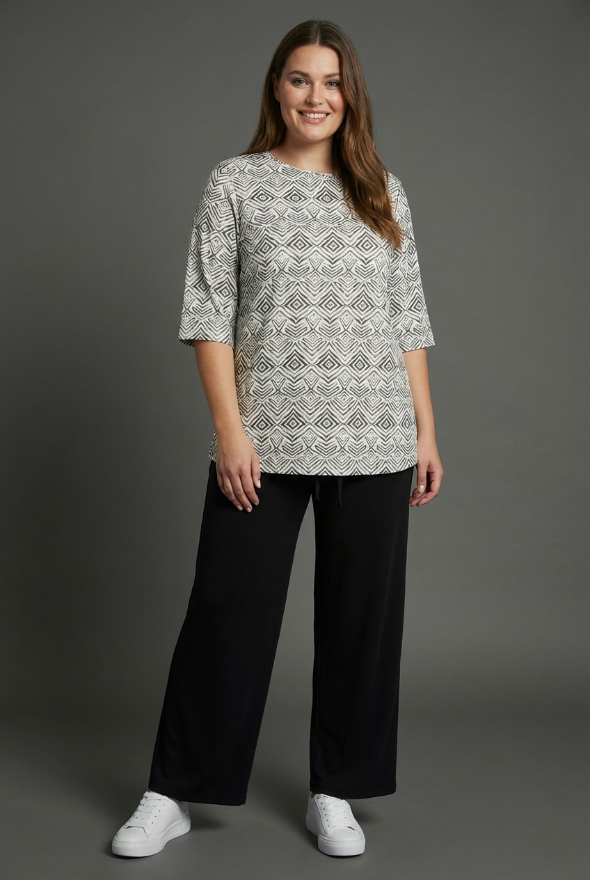 Laura Scott CURVE Anzug Set, Shirt + Hose, figurumspielend für Frühling und Sommer, figurumspielend, mit 3/4-Ärmeln, bedruckt