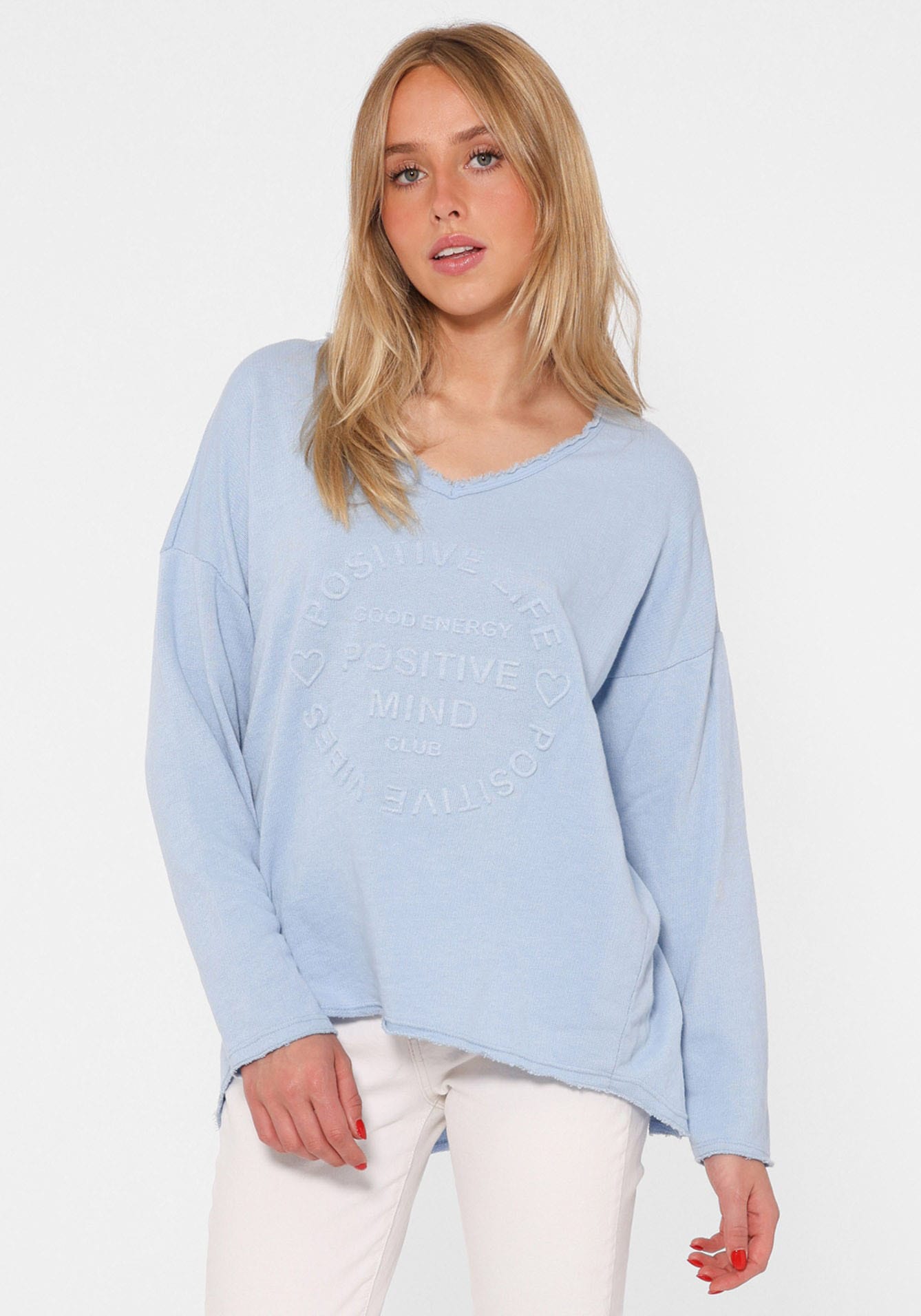 Zwillingsherz Sweatshirt ""Positive Mind"", ausgefranster V-Ausschnitt, Used Look, Langarm, Schriftzug